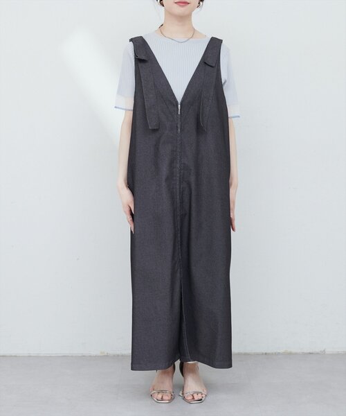 natural couture(ナチュラルクチュール)の「【mamamo】肩リボンデニムライクジャンスカ(ワンピース・レディース・モカ/ブルー/ブラック・FREE)」の13枚目の写真