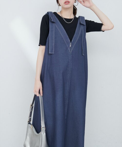 natural couture(ナチュラルクチュール)の「【mamamo】肩リボンデニムライクジャンスカ(ワンピース・レディース・モカ/ブルー/ブラック・FREE)」の17枚目の写真