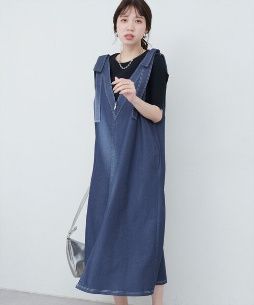 natural couture(ナチュラルクチュール)の「【mamamo】肩リボンデニムライクジャンスカ(ワンピース・レディース・モカ/ブルー/ブラック・FREE)」の16枚目の写真