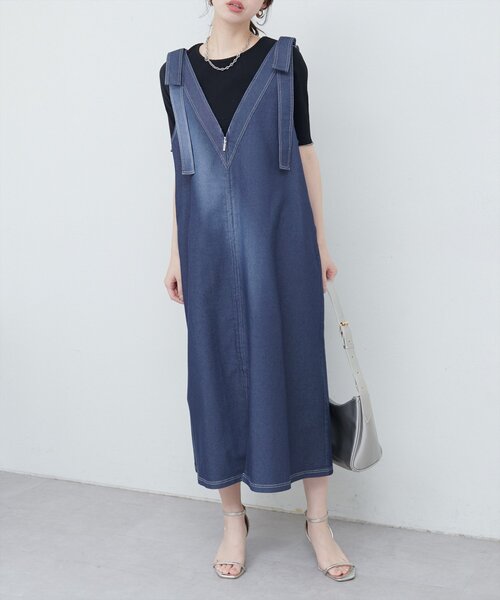 natural couture(ナチュラルクチュール)の「【mamamo】肩リボンデニムライクジャンスカ(ワンピース・レディース・モカ/ブルー/ブラック・FREE)」の15枚目の写真