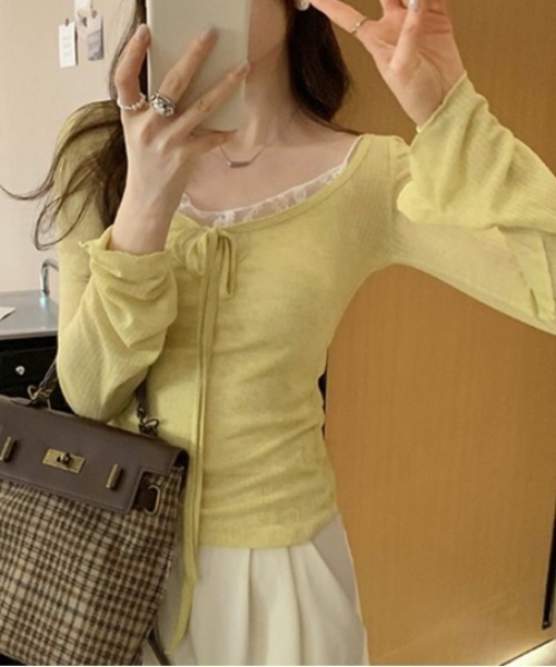 LADY LIKE(レディライク)の「胸リボンデコルテ空きシアートップス(Tシャツ/カットソー・レディース・ピンク/ネイビー/イエロー/チャコールグレー・M)」の9枚目の写真