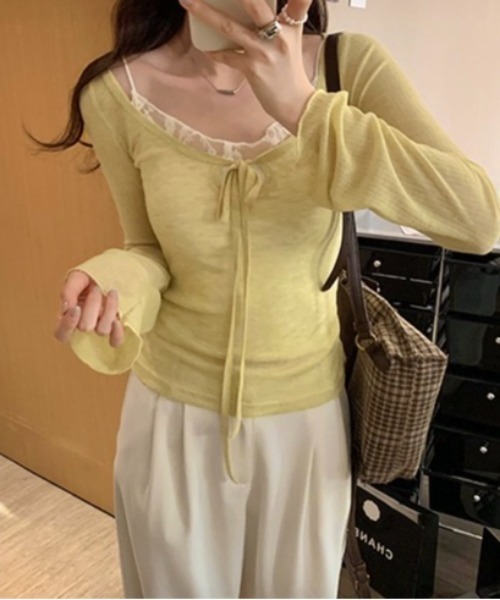 LADY LIKE(レディライク)の「胸リボンデコルテ空きシアートップス(Tシャツ/カットソー・レディース・ピンク/ネイビー/イエロー/チャコールグレー・M)」の11枚目の写真