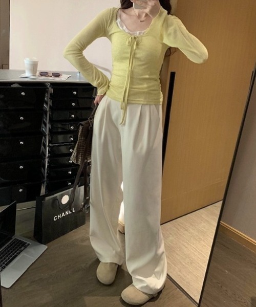 LADY LIKE(レディライク)の「胸リボンデコルテ空きシアートップス(Tシャツ/カットソー・レディース・ピンク/ネイビー/イエロー/チャコールグレー・M)」の12枚目の写真