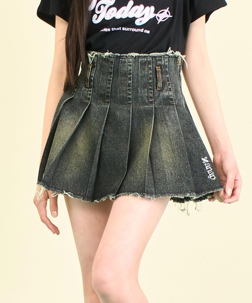 クラッシュ デニム プリーツ スカート【キッズお揃い】（スカート