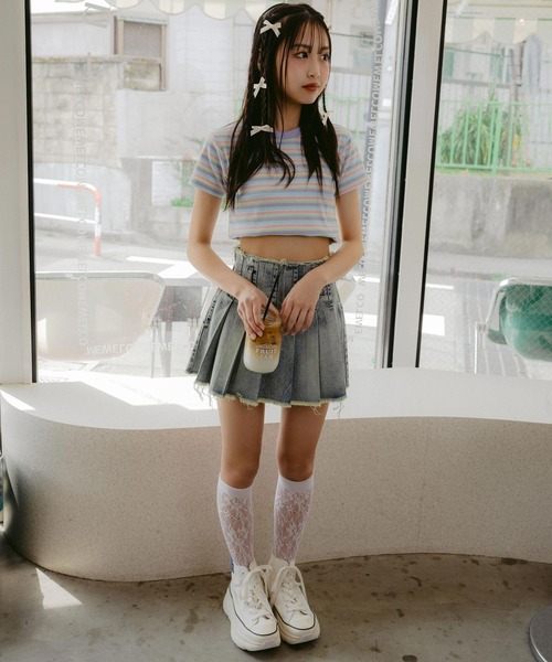 ANAP GｉRL（アナップガール）の「クラッシュ デニム プリーツ スカート【キッズお揃い】（スカート・キッズ・ブルー/ブラック/ブラウン・M/S/XS）」の4枚目の写真