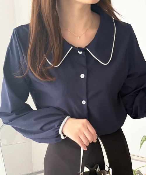 Amulet(アミュレット)の「オフィスにもお出かけにも毎日着たくなる♪ バイカラーパイピング長袖ブラウス(シャツ/ブラウス・レディース・ネイビー/アイボリー・FREE)」の2枚目の写真