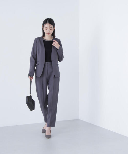 美品✨ナチュラルビューティーベーシック セットアップ スーツ ノーカラー ML ◇パウダリーツイルセットアップシリーズ ノーカラージャケット