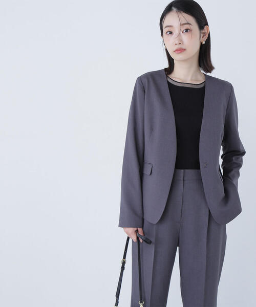 【ナチュラルビューティーベーシック】ノーカラージャケット パンツ セットアップM ストレッチツイルセットアップシリーズ ノーカラージャケット