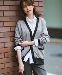 【洗える】サステナブルウール Vネック バイカラー カーディガン