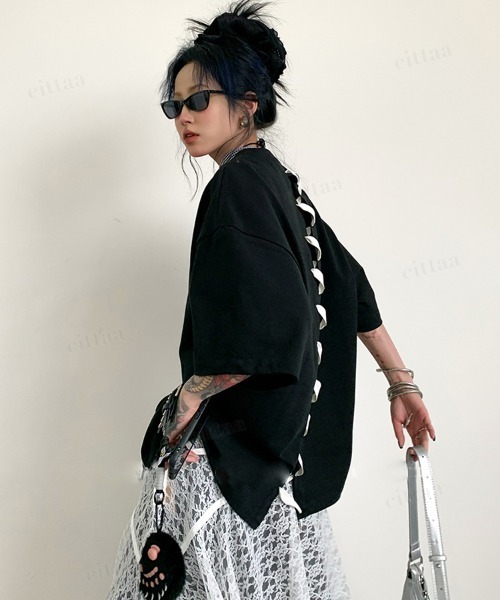 Dalfwin（ダールフィン）の「韓国ファッション バックステッチデザイン半袖Tシャツ（Tシャツ/カットソー・レディース・ブラック/ホワイト・FREE）」の2枚目の写真