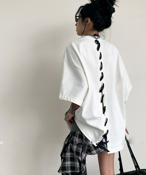 Dalfwin（ダールフィン）の「韓国ファッション バックステッチデザイン半袖Tシャツ（Tシャツ/カットソー・レディース・ブラック/ホワイト・FREE）」の3枚目の写真