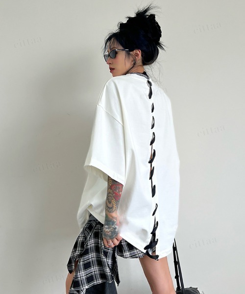 Dalfwin（ダールフィン）の「韓国ファッション バックステッチデザイン半袖Tシャツ（Tシャツ/カットソー・レディース・ブラック/ホワイト・FREE）」の4枚目の写真