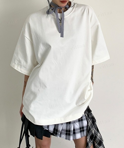 Dalfwin（ダールフィン）の「韓国ファッション バックステッチデザイン半袖Tシャツ（Tシャツ/カットソー・レディース・ブラック/ホワイト・FREE）」の8枚目の写真