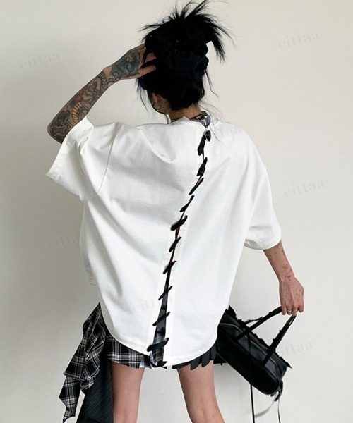 Dalfwin（ダールフィン）の「韓国ファッション バックステッチデザイン半袖Tシャツ（Tシャツ/カットソー・レディース・ブラック/ホワイト・FREE）」の10枚目の写真