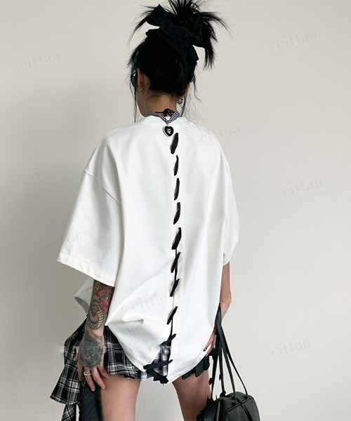 Dalfwin（ダールフィン）の「韓国ファッション バックステッチデザイン半袖Tシャツ（Tシャツ/カットソー・レディース・ブラック/ホワイト・FREE）」の12枚目の写真