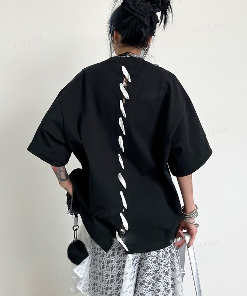 Dalfwin（ダールフィン）の「韓国ファッション バックステッチデザイン半袖Tシャツ（Tシャツ/カットソー・レディース・ブラック/ホワイト・FREE）」の16枚目の写真