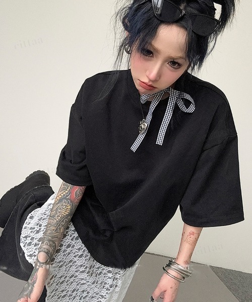 Dalfwin（ダールフィン）の「韓国ファッション バックステッチデザイン半袖Tシャツ（Tシャツ/カットソー・レディース・ブラック/ホワイト・FREE）」の19枚目の写真