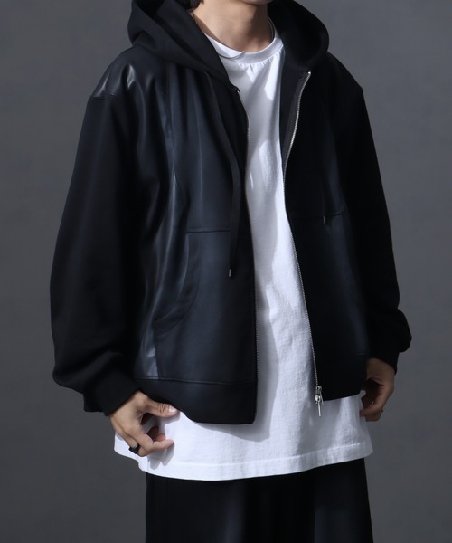 welise（ウェライズ）の「【welise/ウェライズ】PUレザー×スウェット ダブルヴィンテージ加工 リメイクライクショートジップアップパーカー（パーカー・メンズ・チャコールグレー/ブラック/ブラウン・S/M/L）」の7枚目の写真