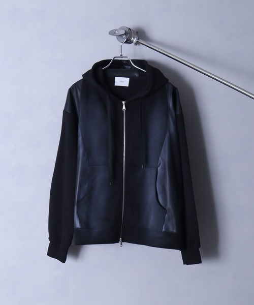 welise（ウェライズ）の「【welise/ウェライズ】PUレザー×スウェット ダブルヴィンテージ加工 リメイクライクショートジップアップパーカー（パーカー・メンズ・チャコールグレー/ブラック/ブラウン・S/M/L）」の4枚目の写真