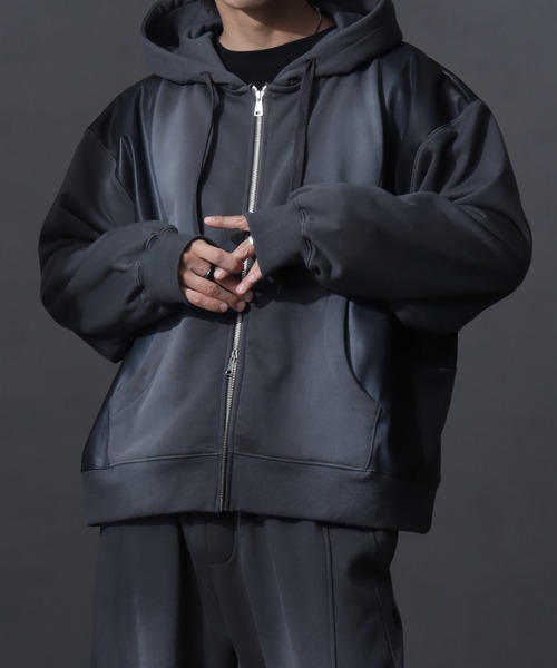 welise（ウェライズ）の「【welise/ウェライズ】PUレザー×スウェット ダブルヴィンテージ加工 リメイクライクショートジップアップパーカー（パーカー・メンズ・チャコールグレー/ブラック/ブラウン・S/M/L）」の13枚目の写真