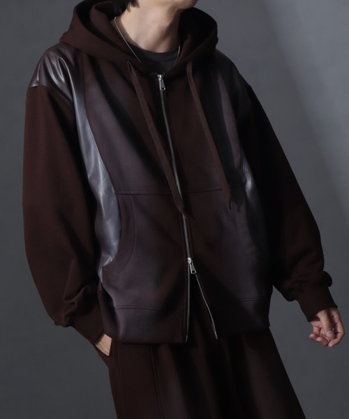 welise（ウェライズ）の「【welise/ウェライズ】PUレザー×スウェット ダブルヴィンテージ加工 リメイクライクショートジップアップパーカー（パーカー・メンズ・チャコールグレー/ブラック/ブラウン・S/M/L）」の19枚目の写真