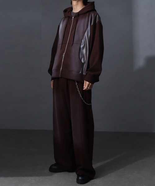 welise（ウェライズ）の「【welise/ウェライズ】PUレザー×スウェット ダブルヴィンテージ加工 リメイクライクショートジップアップパーカー（パーカー・メンズ・チャコールグレー/ブラック/ブラウン・S/M/L）」の20枚目の写真