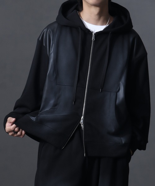 welise（ウェライズ）の「【welise/ウェライズ】PUレザー×スウェット ダブルヴィンテージ加工 リメイクライクショートジップアップパーカー（パーカー・メンズ・チャコールグレー/ブラック/ブラウン・S/M/L）」の6枚目の写真