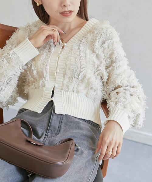 Thevon（ゼボン）の「【前後2WAY】フリンジショートカーディガン（カーディガン/ボレロ・レディース・ブラウン/アイボリー/ブラック・FREE）」の2枚目の写真