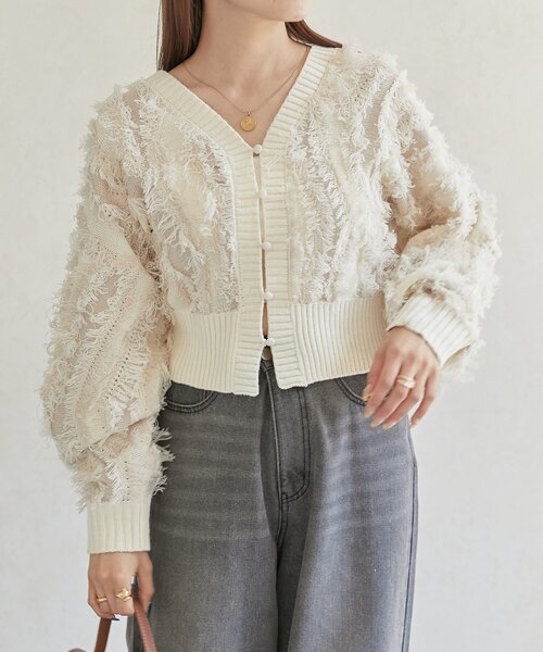 Thevon（ゼボン）の「【前後2WAY】フリンジショートカーディガン（カーディガン/ボレロ・レディース・ブラウン/アイボリー/ブラック・FREE）」の4枚目の写真