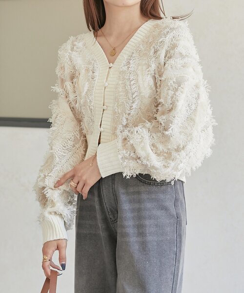 Thevon（ゼボン）の「【前後2WAY】フリンジショートカーディガン（カーディガン/ボレロ・レディース・ブラウン/アイボリー/ブラック・FREE）」の5枚目の写真