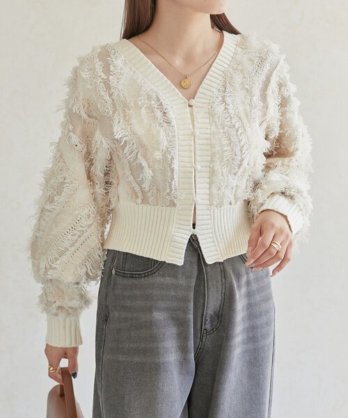 Thevon（ゼボン）の「【前後2WAY】フリンジショートカーディガン（カーディガン/ボレロ・レディース・ブラウン/アイボリー/ブラック・FREE）」の6枚目の写真