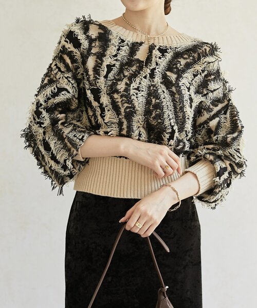 Thevon（ゼボン）の「【前後2WAY】フリンジショートカーディガン（カーディガン/ボレロ・レディース・ブラウン/アイボリー/ブラック・FREE）」の14枚目の写真