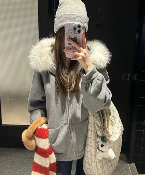 セール】20025/AWフェイクファーフード付きオーバーサイズジップ