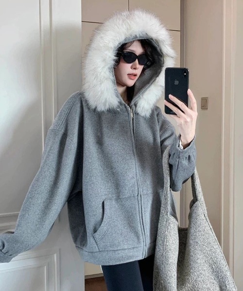 セール】20025/AWフェイクファーフード付きオーバーサイズジップ