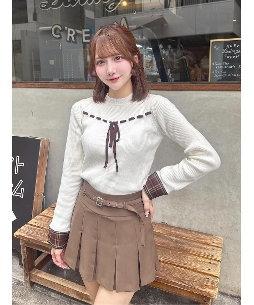 新品Darich(ダーリッチ)チェックカフスリボンニットトップス チェックカフスリボンニットトップス（ニット/セーター