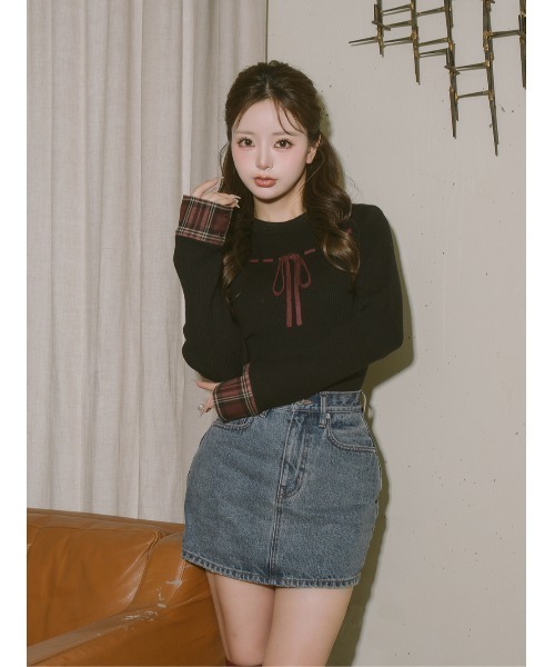 チェックカフスリボンニットトップス（ニット/セーター