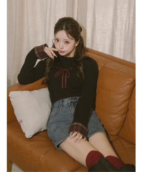 チェックカフスリボンニットトップス（ニット/セーター