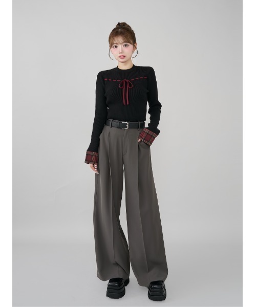 チェックカフスリボンニットトップス（ニット/セーター