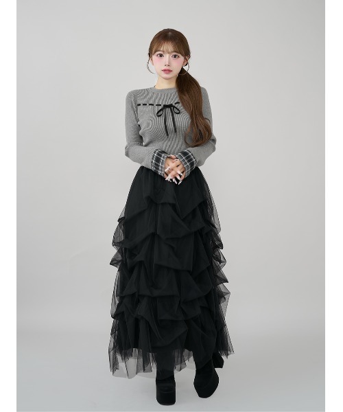 新品タグ付き ダーリッチ ブラック チェックカフスリボンニットトップス フリー ダーリッチ Darich チェックカフスリボンニットトップス