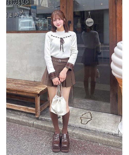 チェックカフスリボンニットトップス（ニット/セーター