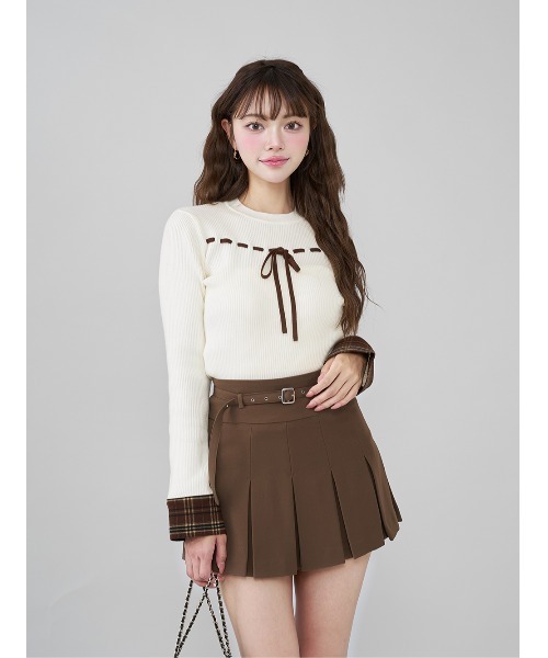 チェックカフスリボンニットトップス（ニット/セーター