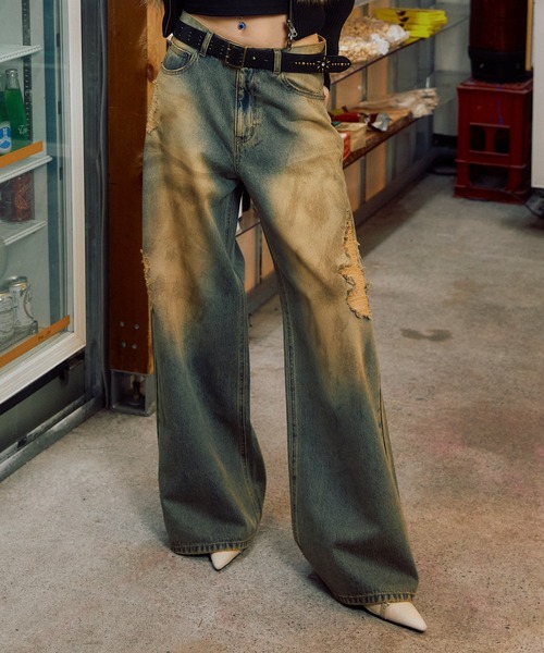 セール】ダーティクラッシュJ/Wルーズデニムパンツ（デニムパンツ