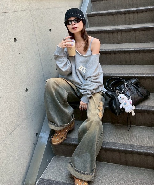 セール】ダーティクラッシュJ/Wルーズデニムパンツ（デニムパンツ