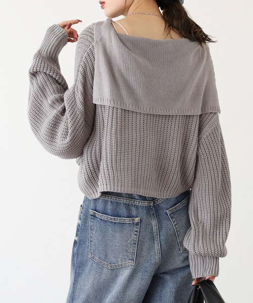 日本製✩ウール95%✩ブルーフォックス✩ノーカラー✩ファー取り外し可能 セール】セーラーカラー畦編みプルオーバー（ニット/セーター