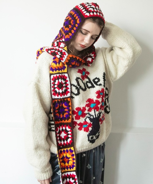 チャイハネ(チャイハネ)の「【チャイハネ】クロシラニットキャップ フード付きマフラー(ニットキャップ/ビーニー・レディース・パープル系その他・FREE)」の8枚目の写真