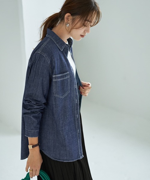 プリーツプリーズ　ロイヤルブルー　トップス　長袖　デニムシャツ　美品 Amazon | [リングルー] デニム シャツ レディース 長袖 シンプル