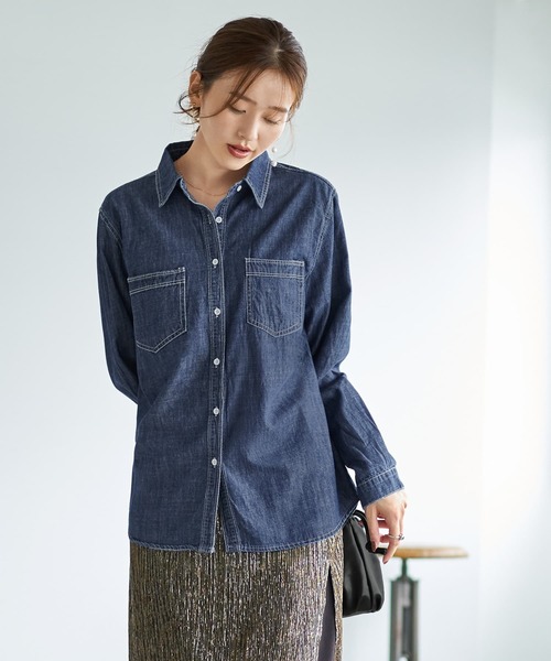 プリーツプリーズ　ロイヤルブルー　トップス　長袖　デニムシャツ　美品 プリーツプリーズ ロイヤルブルー トップス 長袖 デニムシャツ