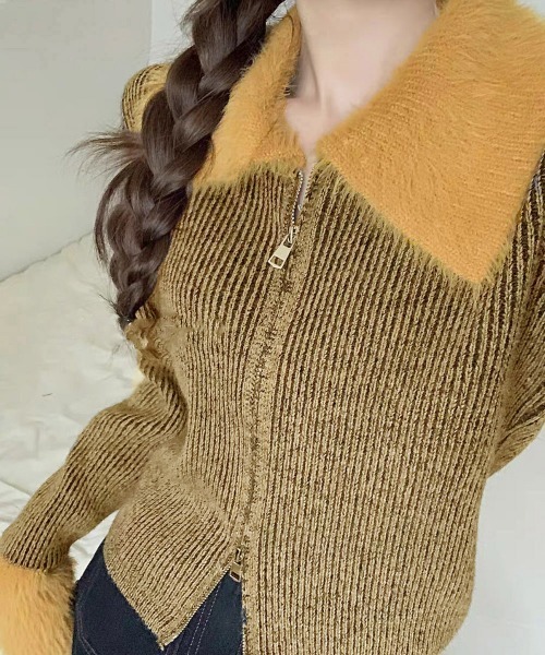 Miniministore(ミニミニストア)の「ダブルジップニットカーディガンショート丈(ニット/セーター・レディース・ダークグレー/キャメル/スモークピンク・FREE)」の3枚目の写真