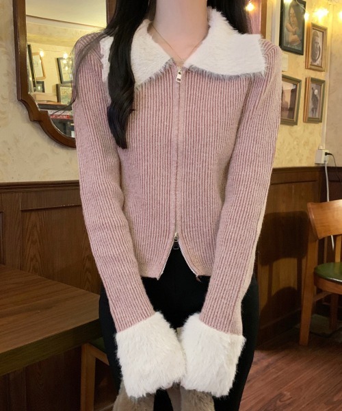 Miniministore(ミニミニストア)の「ダブルジップニットカーディガンショート丈(ニット/セーター・レディース・ダークグレー/キャメル/スモークピンク・FREE)」の1枚目の写真