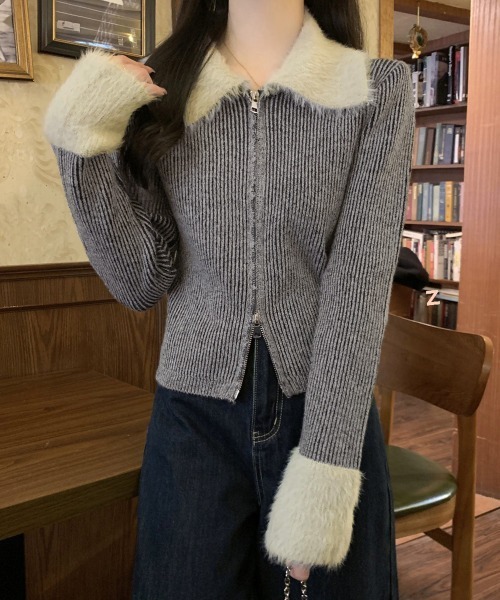 Miniministore(ミニミニストア)の「ダブルジップニットカーディガンショート丈(ニット/セーター・レディース・ダークグレー/キャメル/スモークピンク・FREE)」の22枚目の写真